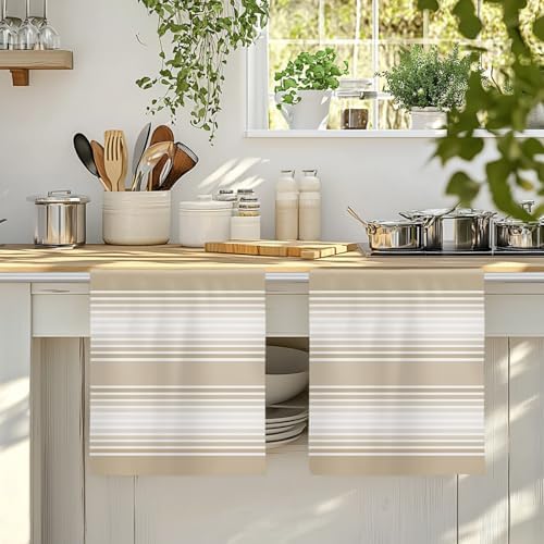 Beige Striped Kitchen Towels Set of 3, Absorbent Dish Towels for