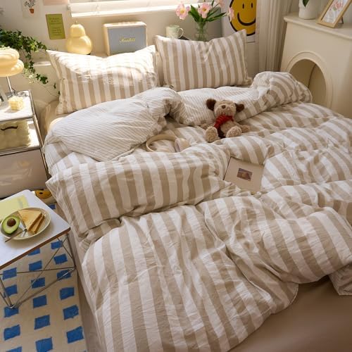 EAVD Retro Striped Duvet Cover Set King Khaki and White Washed