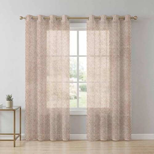 Beige Herringbone Sheer Curtains 84 Inch Long 2 Panels, Modern