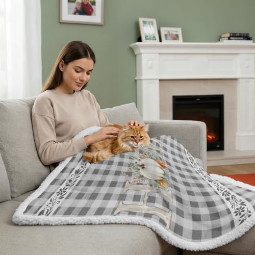 Fleece Sherpa Bed Blankets, Grey Checked Microfiber Plush Flannel