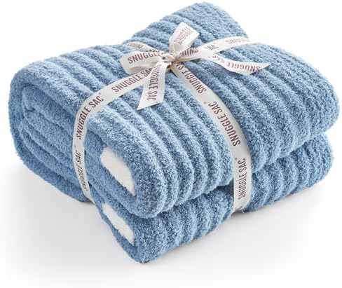 Snuggle Sac Fluffy Ribbed Blue Bedding Blanket Twin Size, Soft