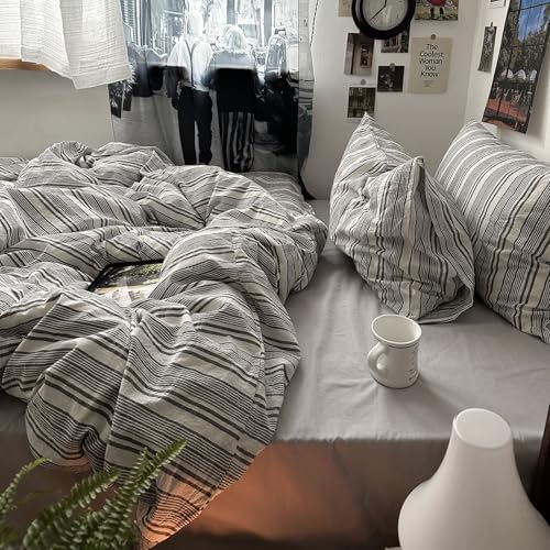 mixinni Vintage Gray & White Striped Duvet Cover Set - 3 Piece 100%