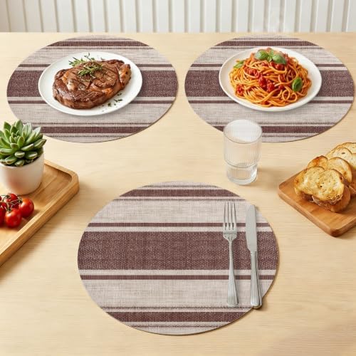 Brown Stripes Placemats Set of 6 Beige Tan Center Band Linen Texture