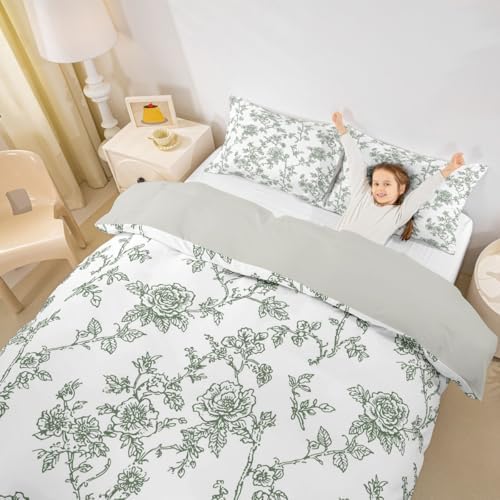 Grey Green Duvet Cover King Size,Floral Botanical Flowers Soft Bedding
