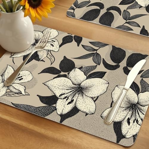 Placemats Set of 6 Vintage Beige Flower Black Leaf Heat-Proof