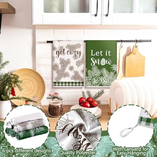 Preboun 6 Pcs Christmas Kitchen Towels Winter Hand Towels Pine Cones