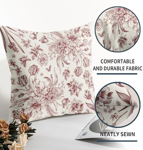 Burgundy Red Floral Pillow Covers 18x18 Set of 2 Vintage Flower