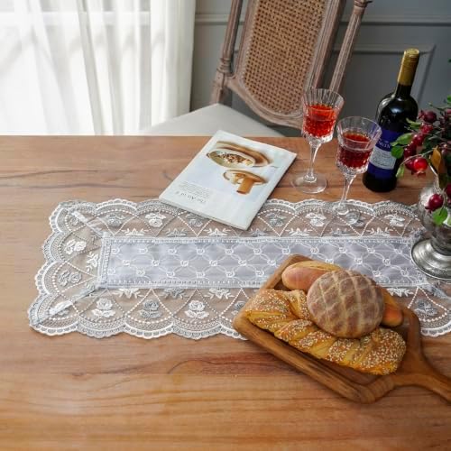 ARTABLE Light Grey Lace Table Runner Macrame Embroidered Scarf
