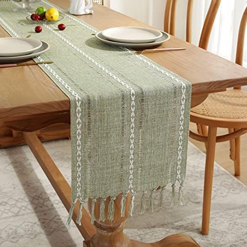 Wracra Rustic Linen Table Runner, Sage Green Table Runners 90 inches