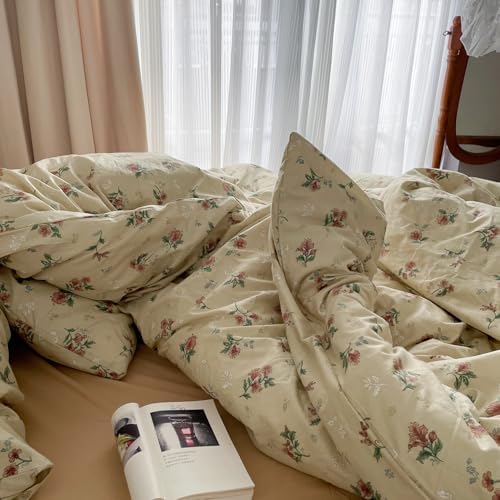 MKXI Yellowish Beige & Red Floral Duvet Cover Set Queen Size - 3 Piece