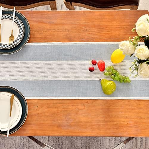Wracra Linen Table Runner, Stripe Table Runners 48 Inches Long Blue