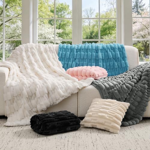 BEDELITE Faux Fur Cream Twin Blanket Soft Plush Striped for Couch