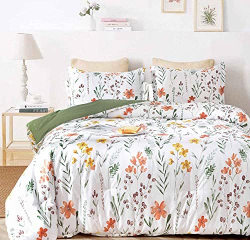 Floral Duvet Cover King Size - White Yellow Flowers and Green Leaf