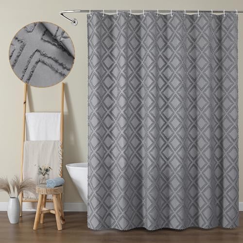 OWENIE Grey Shower Curtain Set, Jacquard Geometric Textured Fabric