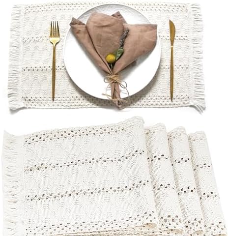 FEXIA Beige Boho Placemats Set of 4 Table Mats Farmhouse Home Dining