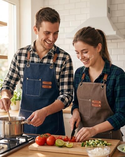 6 Pcs Chef Apron with Cross Back Straps for Men Women with Pockets