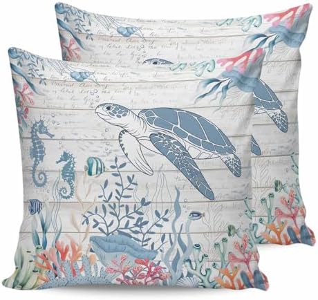 Pillow Covers 20x20 Set of 2, Coastal Turtle Square Throw Pillow