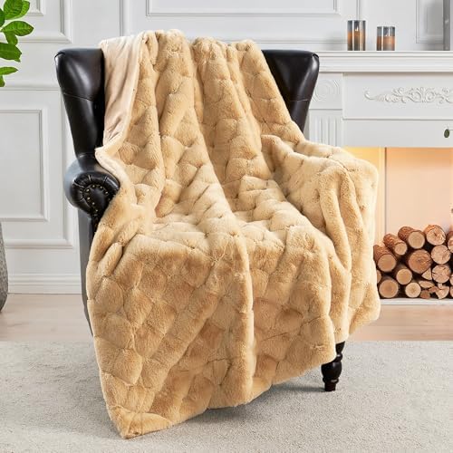 Jacquard Plaid Faux Rabbit Fur Plush Throw Blankets Reversible with