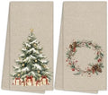 Christmas Tree Wreath Kitchen Towels, Rustic Vintage Neutral Winter