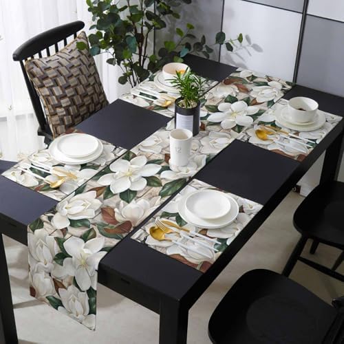 Botanical Flowers Table Runner and Placemats Set of 4 Farm Blanc