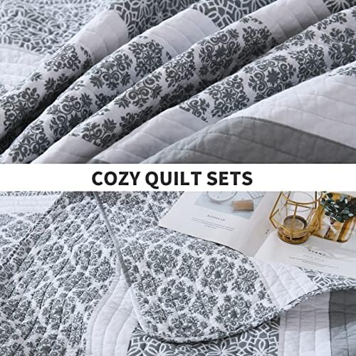 PERHOM 100% Cotton Queen Quilt Set, Bluish Gray Striped Bedding