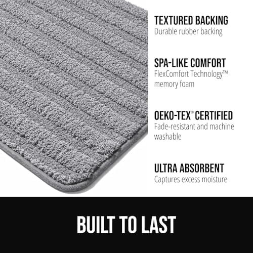 GORILLA GRIP Shower Curtain, 72x72, White and Bath Rug, 24x16, Gray