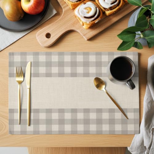 Cotton Linen Placemats for Dining Table Set of 8 Bohemia Grey Plaid