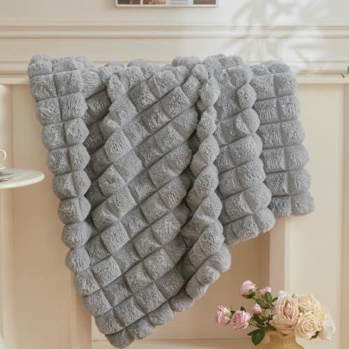MEGO Fluffy Bubble Grid Faux Rabbit Fur Throw Blanket 60x80, Gray