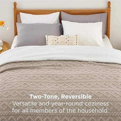 Bedsure Sherpa Fleece Blanket, Cable Jacquard Tufted, Warm, Beige