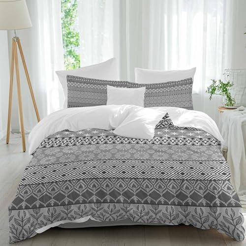 Grey Black Boho Bedding Full Duvet Cover Set, 3 Piece Microfiber Soft
