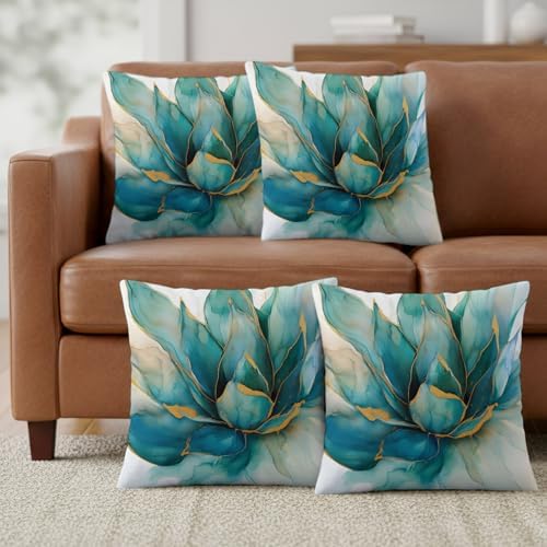 Teal Gold Floral Throw Pillow Covers 18x18 inch Set of 4, Abstract