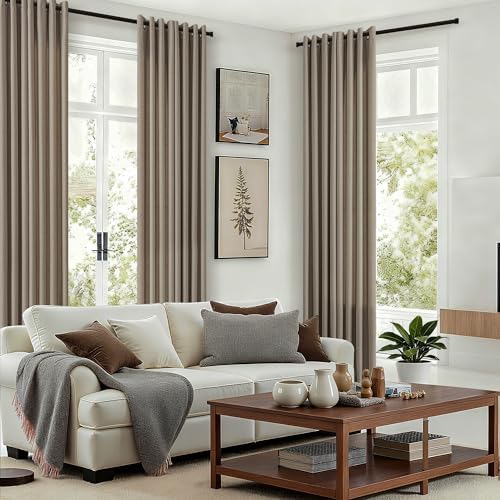 Tan Brown 84 Inches Semi Sheer Faux Linen Curtains for Living Room