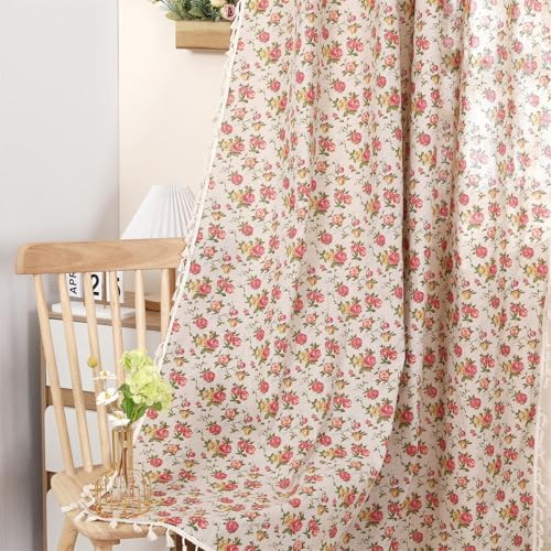 1 Pair Floral Linen Curtains Rustic Country Style Light Filtering Rod