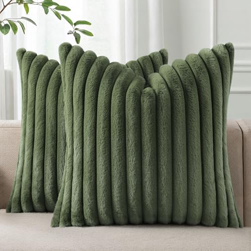 Pallene Faux Fur Decorative Throw Pillow Covers 22x22 Set of 2, Olive