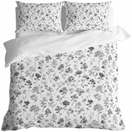 Grey Floral Duvet Cover Set 3 Pieces with Zipper Closure, Elegant