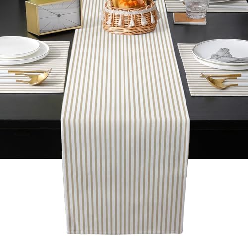 Thin Beige Striped Table Runner and Placemats for Dining Table, Burlap