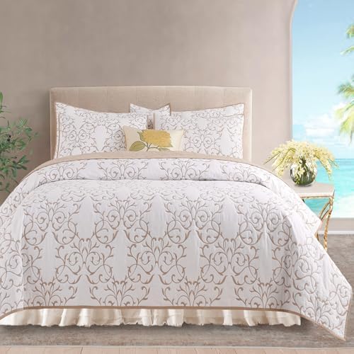 Querencia Cotton Quilt King Size - Embroidered Beige Quilt Tan Cotton