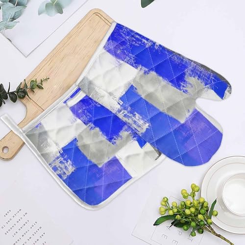 Quilted Cotton Terry Cloth Oven Mitt, Pot Holder Blue Grey White Smear