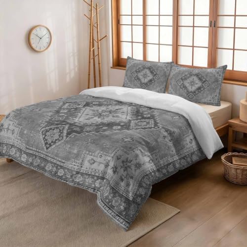 3 Pieces Bedding Set Full Size, Grey Boho Soft Duvet Covers Set with