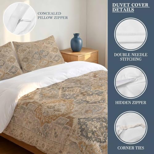 Beige Grey Boho Duvet Cover Set 3 Pieces with Zipper Closure, Vintage