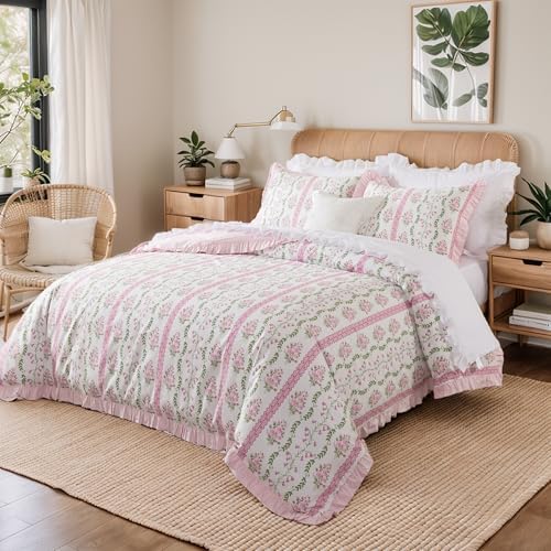 Brandream 100% Cotton Duvet Cover Set Queen, Pink Floral Rose