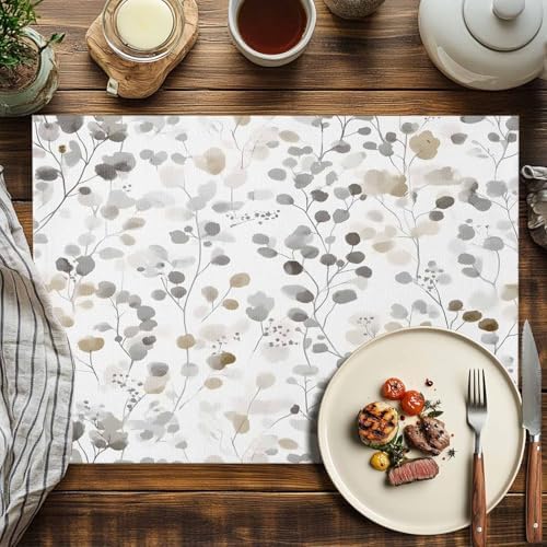 Placemats Set of 8, Grey Brown Botanical Cotton Linen Place Mats