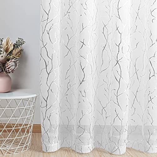 Kotile White Sheer Curtains with Silver Tree Branch 52x63 Inch, 2