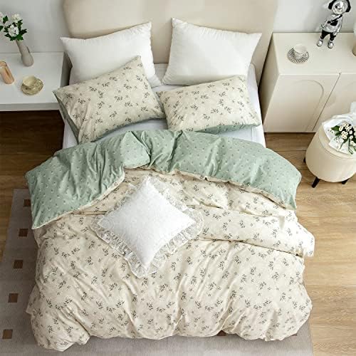 Duvet Cover Floral,100% Cotton Reversible Green Vintage Flower Bedding