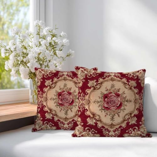 Burgundy Rose Throw Pillow Covers 18x18 Set of 2, Baroque Floral