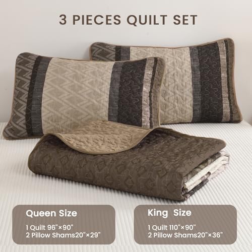 Dinjoy Boho Queen Quilt Set, Striped Soft Bedspread, Taupe