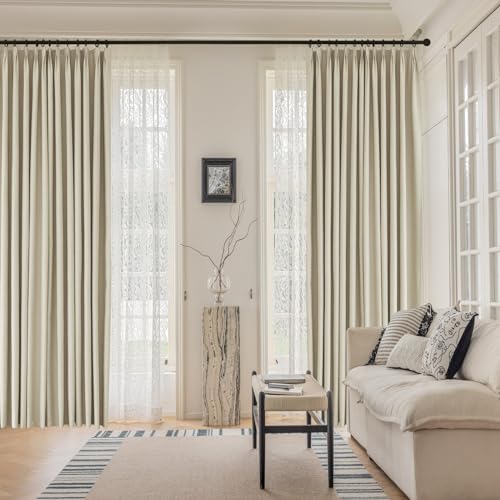 Beige Blackout Window Curtains 108 inches Long, Double Pleated Faux