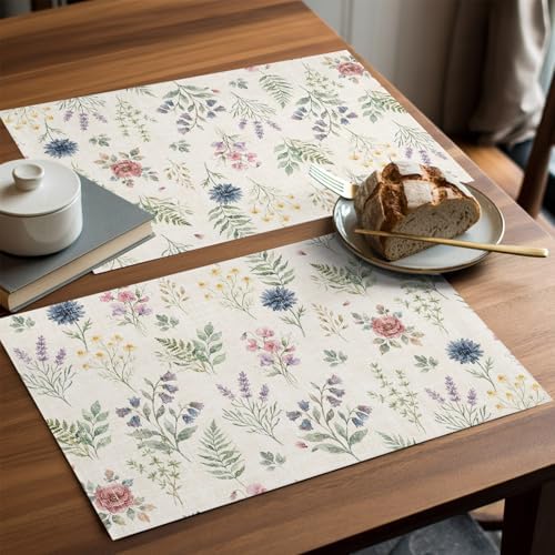 Placemats Set of 8, Beige Wildflowers Woven Placemat, Linen Place Mats