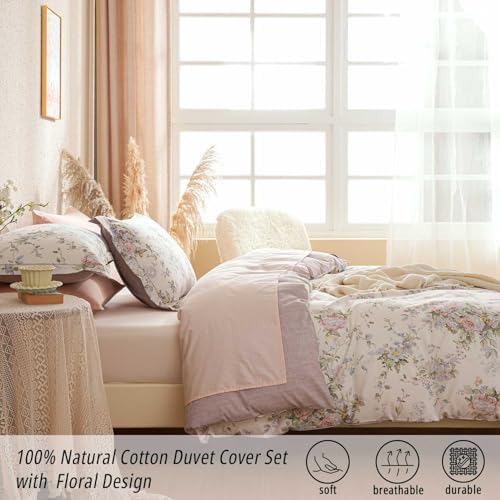 LEMIROE Vintage 100% Cotton Floral Duvet Cover Queen Size 3PC
