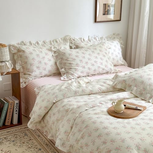 mixinni Pink Floral Duvet Cover Set Queen Size - 100% Cotton Ruffle